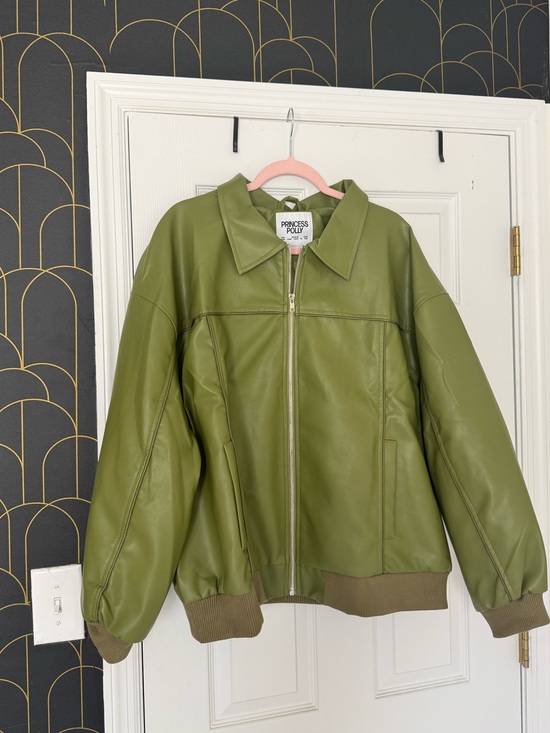 Princess Polly Jackets & Blazers - Princess Polly Olive Green Oversized Vegan Leather Zip Jacket